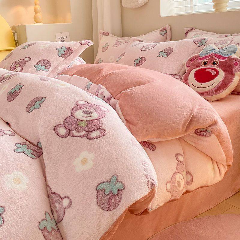 Milk Velvet Four-Piece Set Thickeneded Autumn and Winter Coral Velvet Bed Bed Sheetss Flannel Double-Sided Fleece-Lined Quilt Cover Three-Piece Set