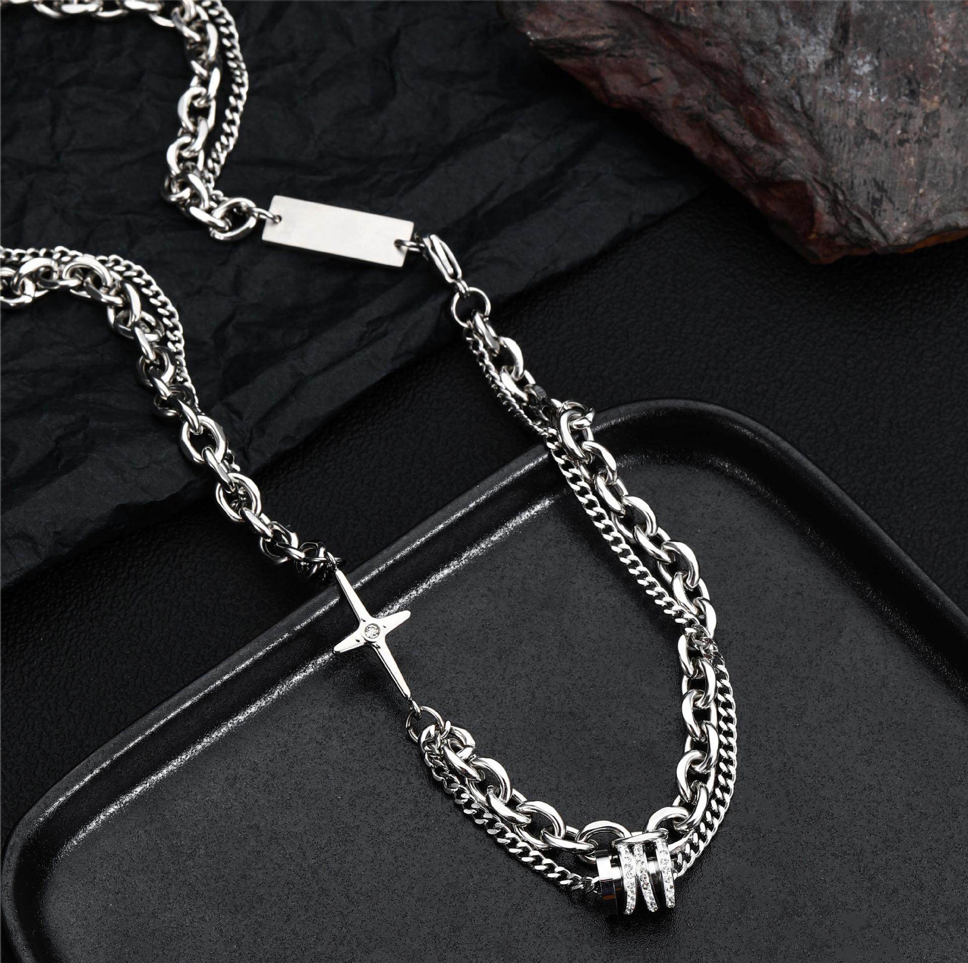Niche design high-grade women's cool titanium steel necklace men's fashionable stacked diamond-embedded double-layer small waist couple lucky pendant