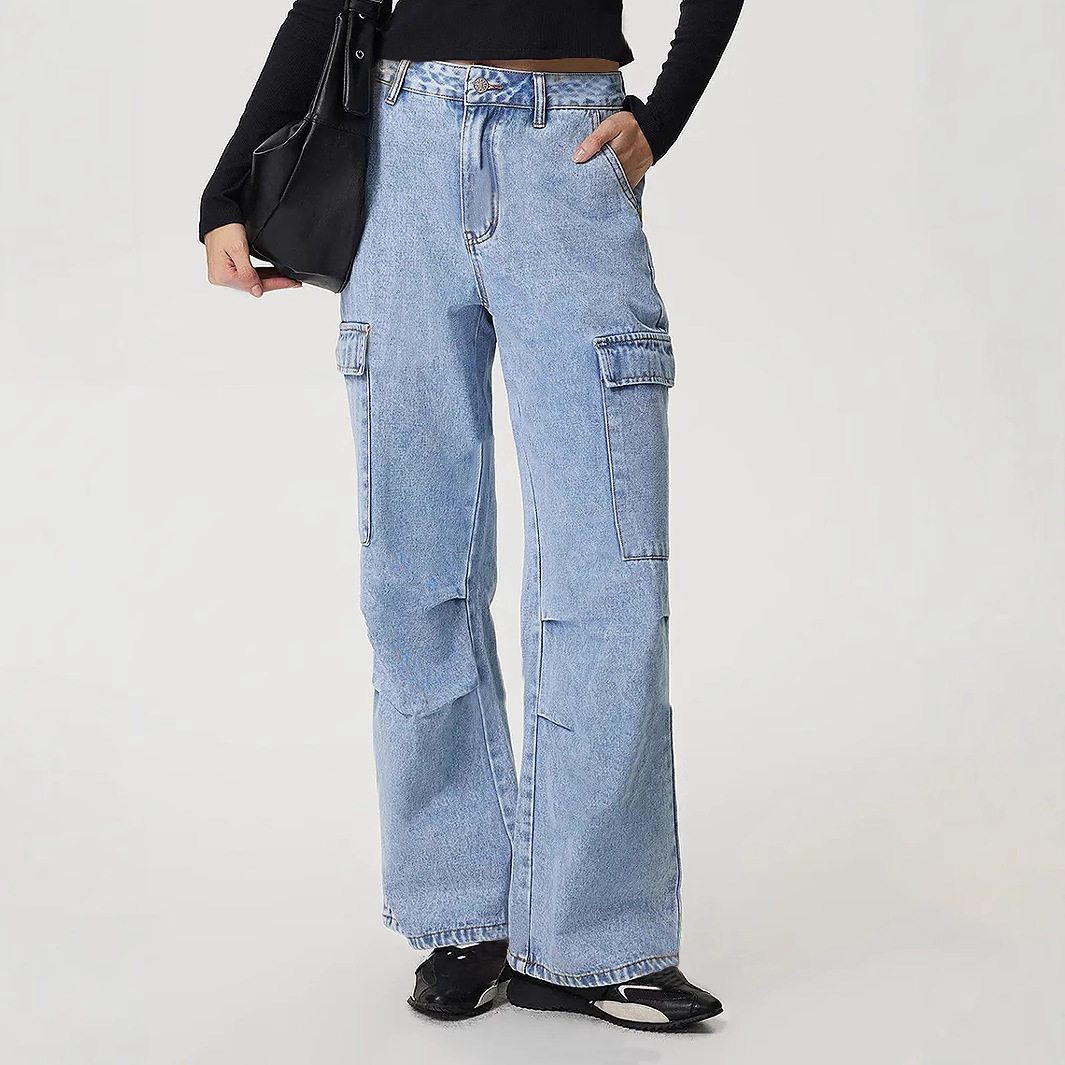 Womens Casual High Waisted Denim Trousers Slim Fit Large Pockets European and American Style Perfect for Everyday