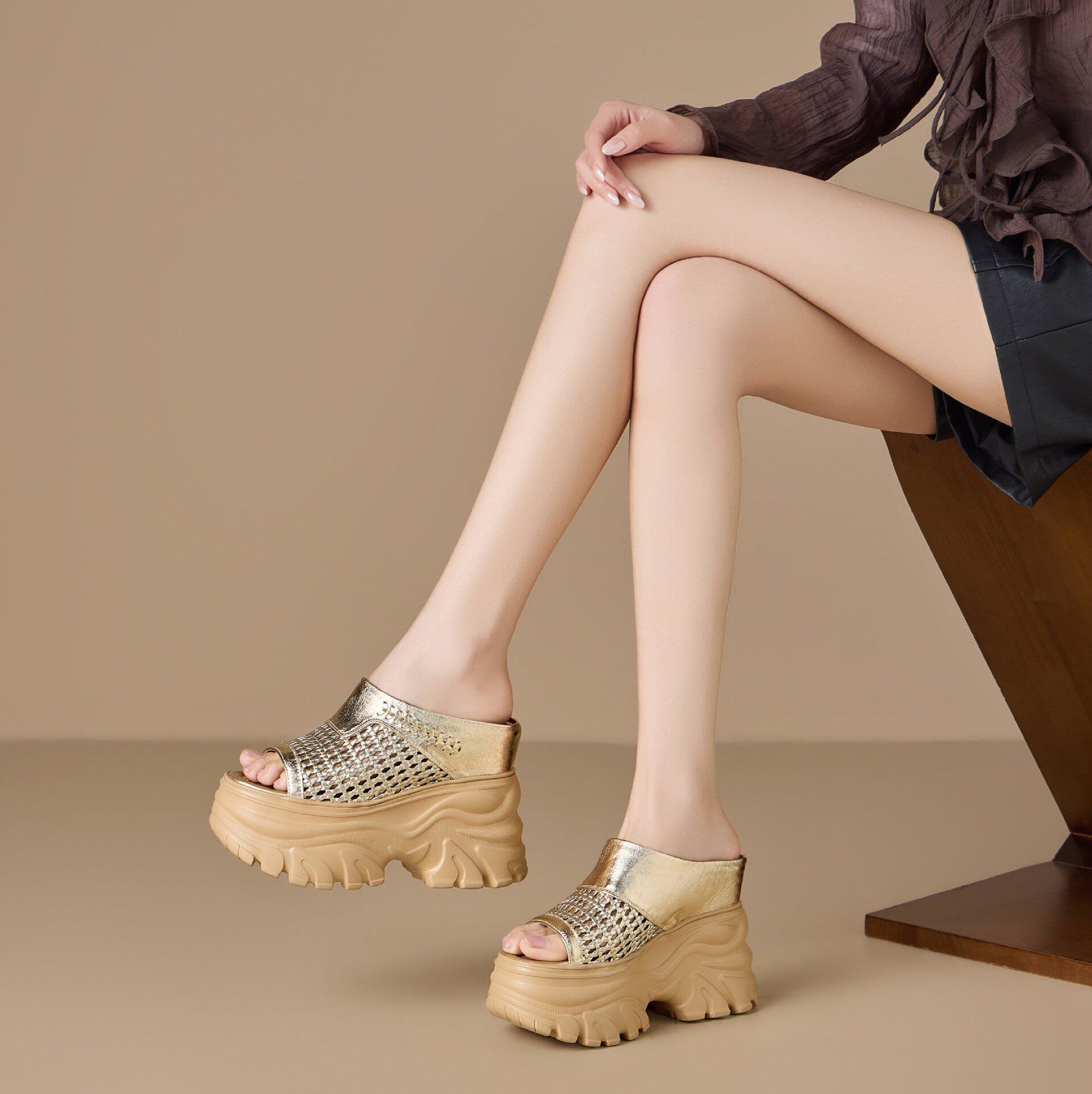 Dép sandal nữ quai ngang đế xuồng cao 13cm, tăng chiều cao, phong cách thời trang — [Trắng kem], [Bạc], [Vàng nhạt], [Đen]