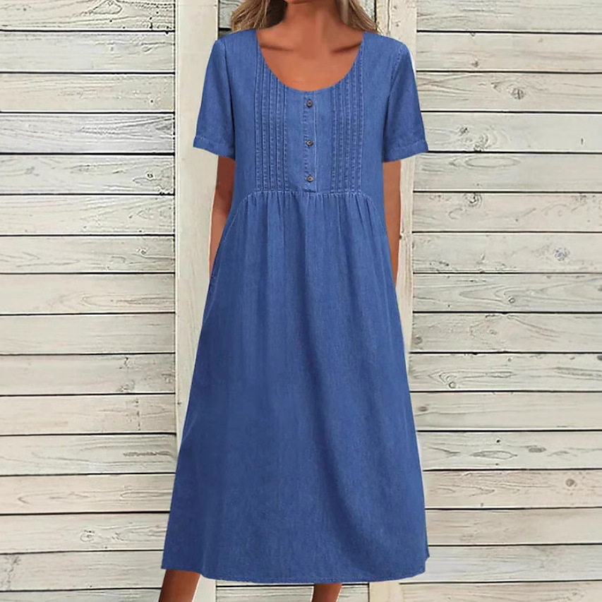 Elegant Denim Midi Dress for Women U Neck Short Sleeve Summer Style Wholesale Available ready to ship