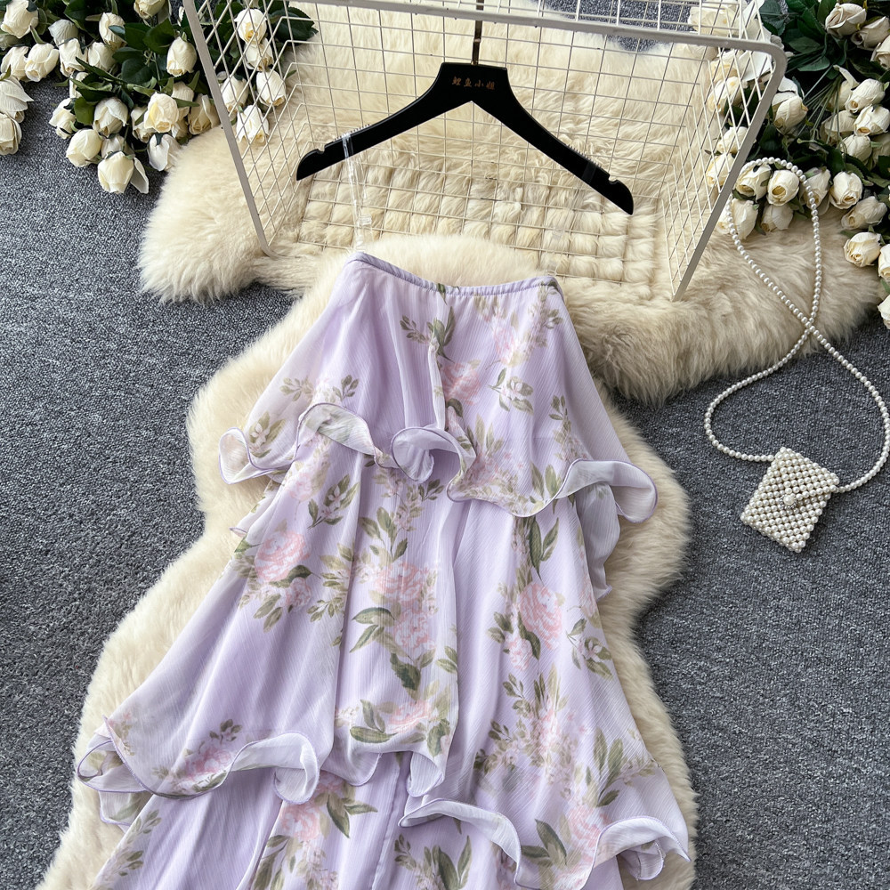 French Vacation Style Purple Floral Sleeveless Dress Ruffle Hem Flattering Fit Summer Elegance Wholesale Available