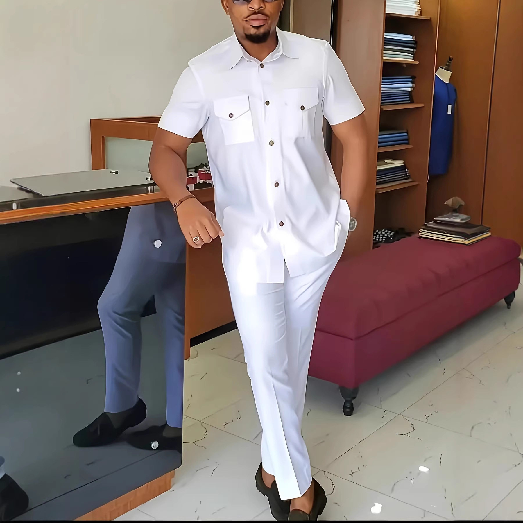 传统外贸非洲风格男士结婚新西装2件套圆领长袖上衣加裤子外贸