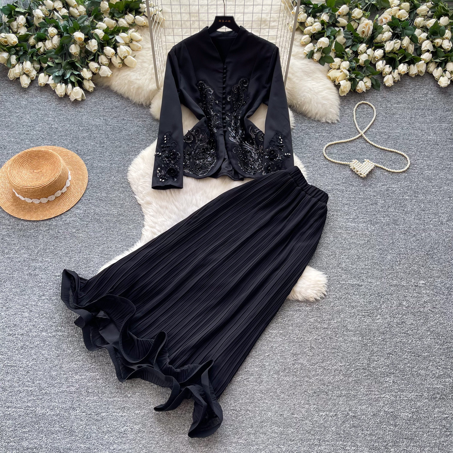 French Style V Neck Embroidered Jacket with High Waisted Pleated Skirt Elegant Lightweight Two Piece Set for Spring and