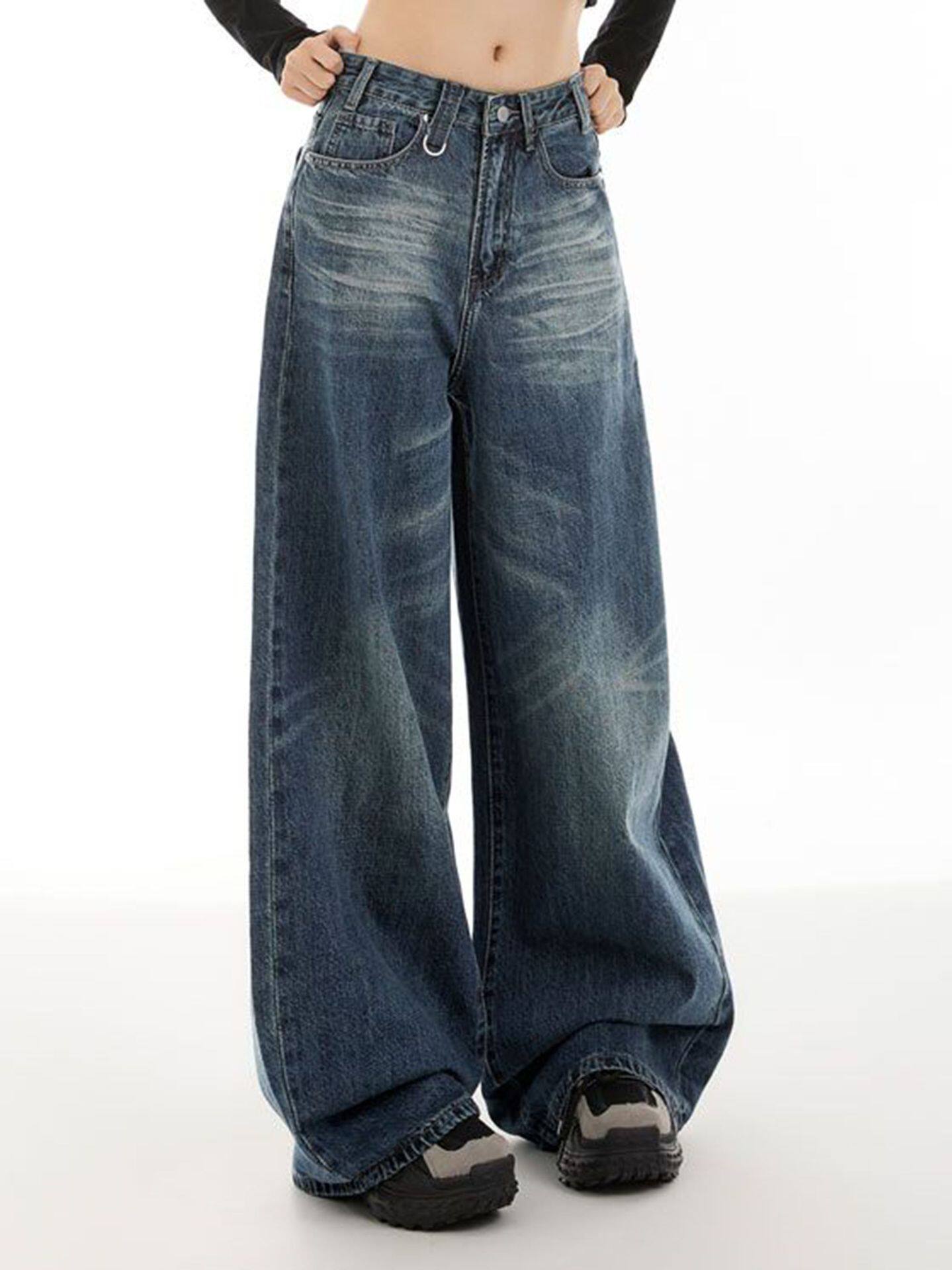 Wide Leg High Waisted Denim Trousers Vintage Style Versatile Design Comfortable Fit Casual Wear Ready to Ship