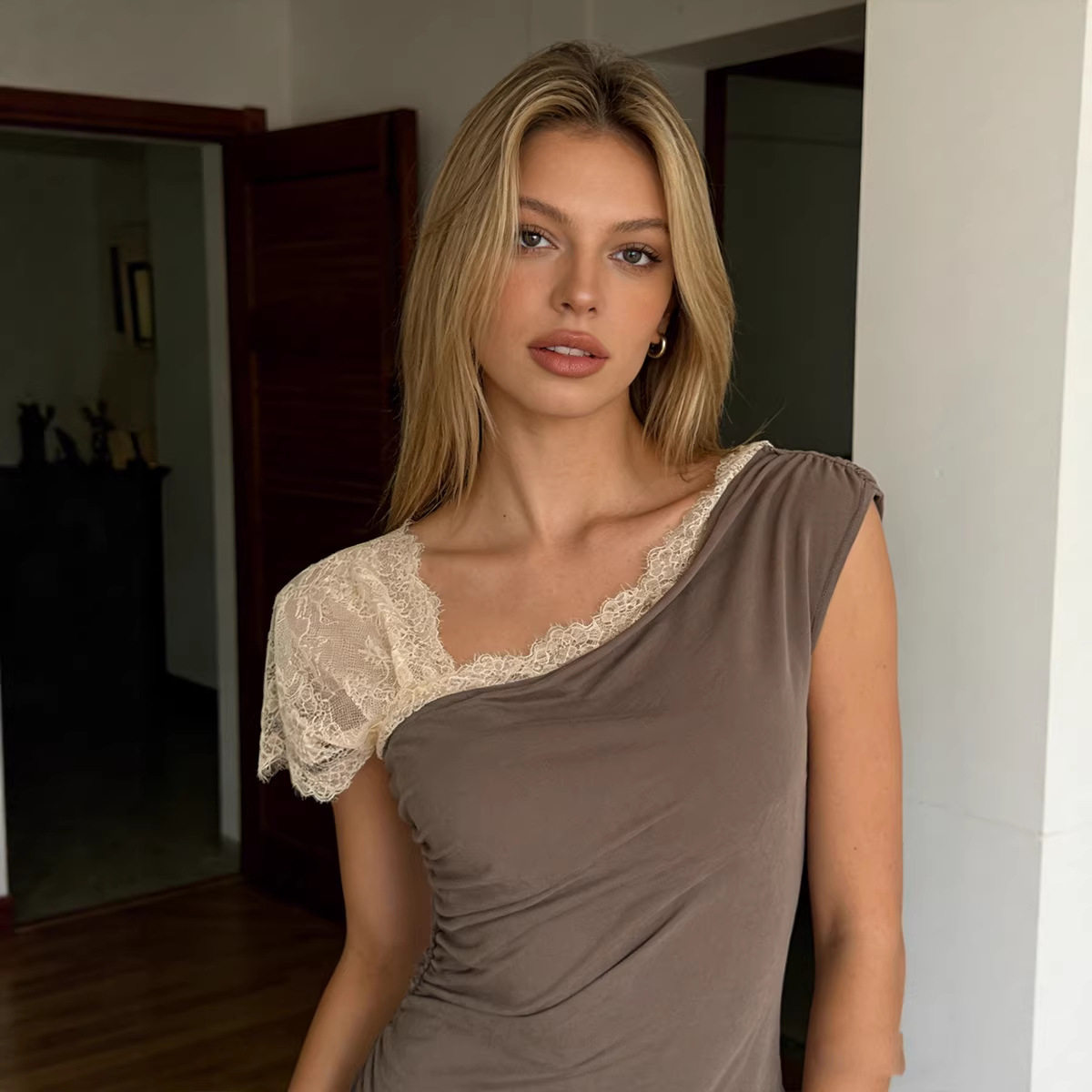 Summer Womens Lace Panel Off Shoulder Short Sleeve T Shirt Comfortable Fit Solid Color Casual Style Wholesale