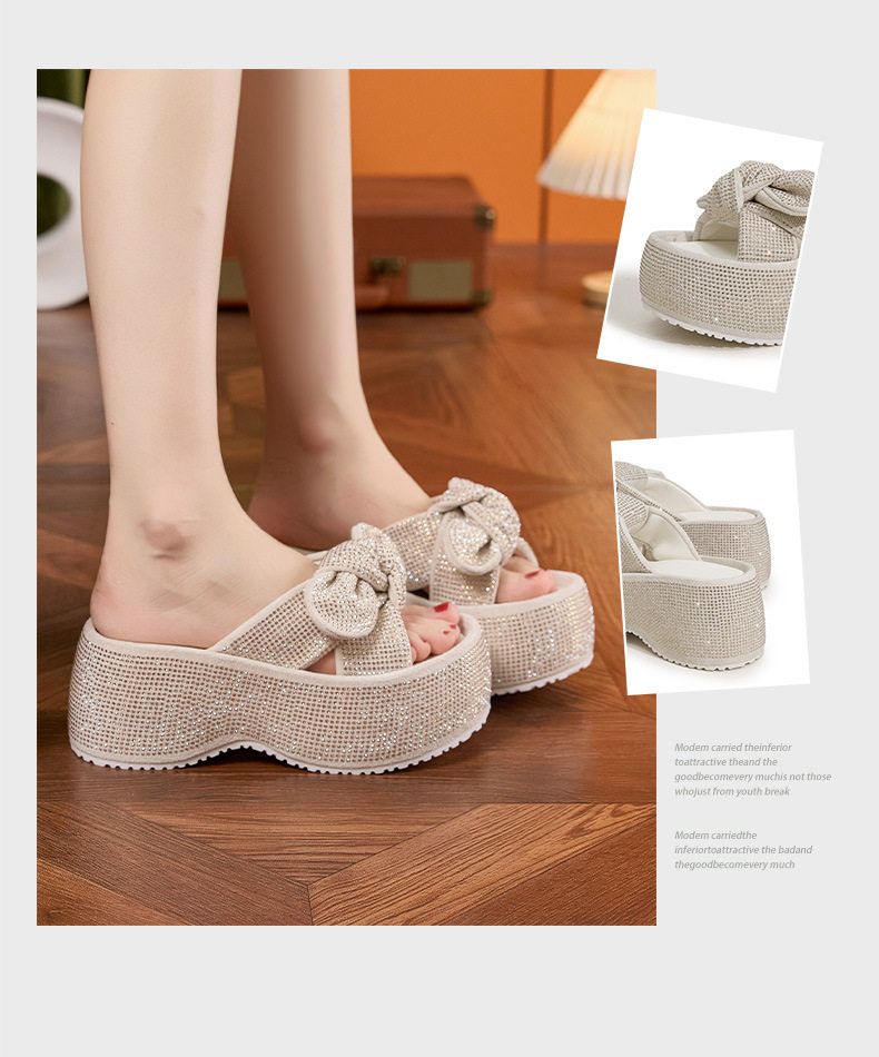 Dép sandal nữ quai chữ V nơ trang trí đế chống trượt mùa hè — Len tinh khiết, Đen chi tiết 3