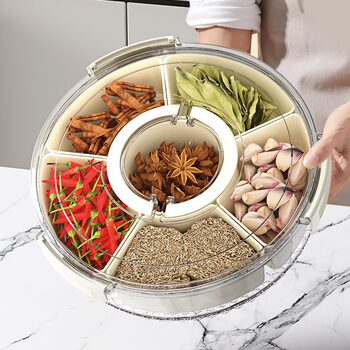 Six-compartment rotatable kitchen sealed spice storage box with handle transparent dried fruit snack plate refrigerator fresh-keeping box
