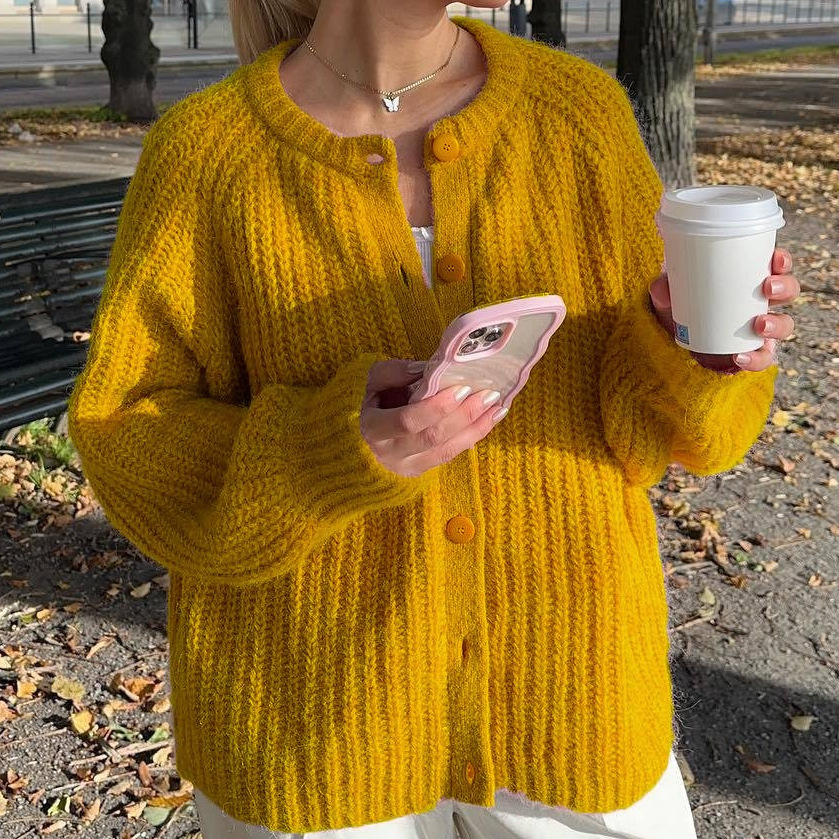 2025秋冬新品欧美跨境女街头时尚休闲纯色针织开衫圆领长袖毛衣