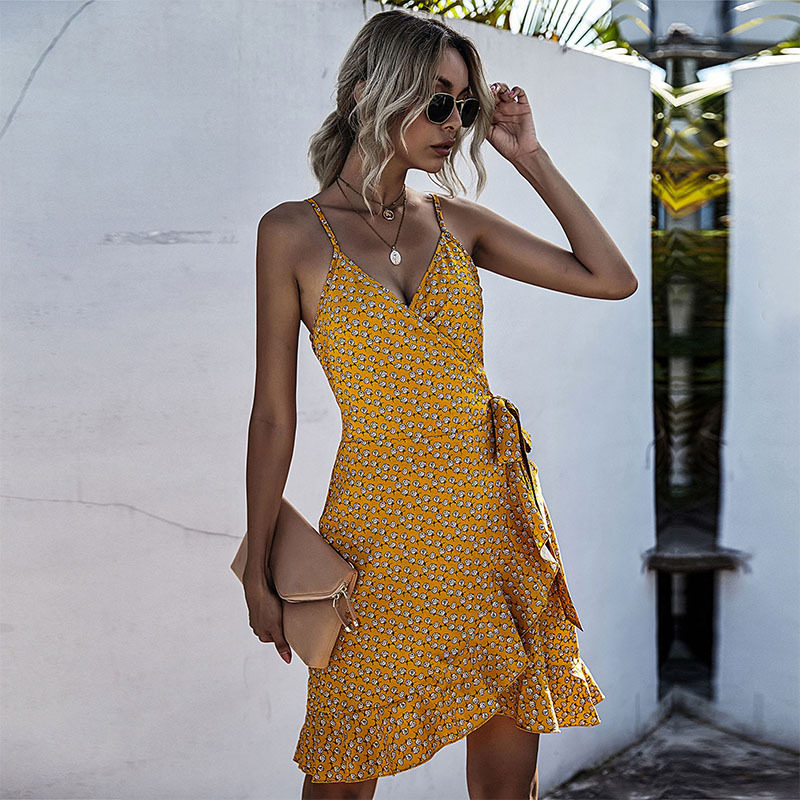 Floral Print Dress Asymmetrical Ruffle Hem Sleeveless Trendy Design Perfect for Summer Events Wholesale Available