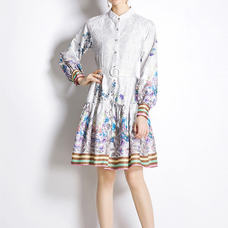Vintage Inspired Floral Midi Dress Stand Collar Lantern Sleeves Waist Defining Elegant Style Perfect for Autumn