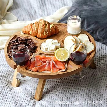 Wooden Portable Outdoor Beach Camping Dinner Plate Solid Wood Goblet Rack European-style Multi-compartment Fruit Snack Storage Plate