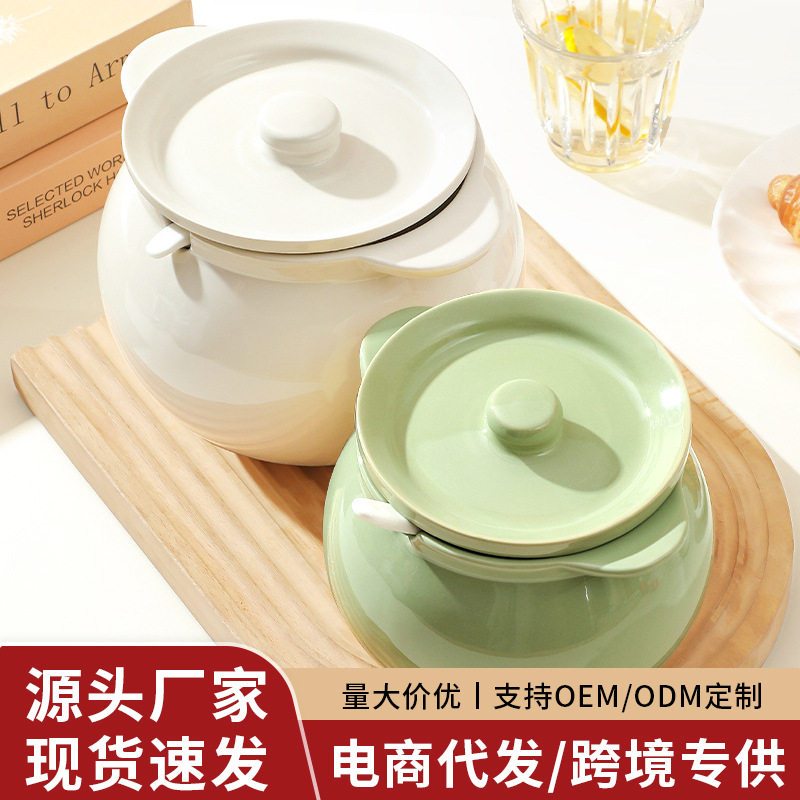 Wholesale Lard Jar Double-Eared Ceramic High Temperature Resistant Household Special Food Grade Meat Oil Chili Oil Jar with Filter and Lid