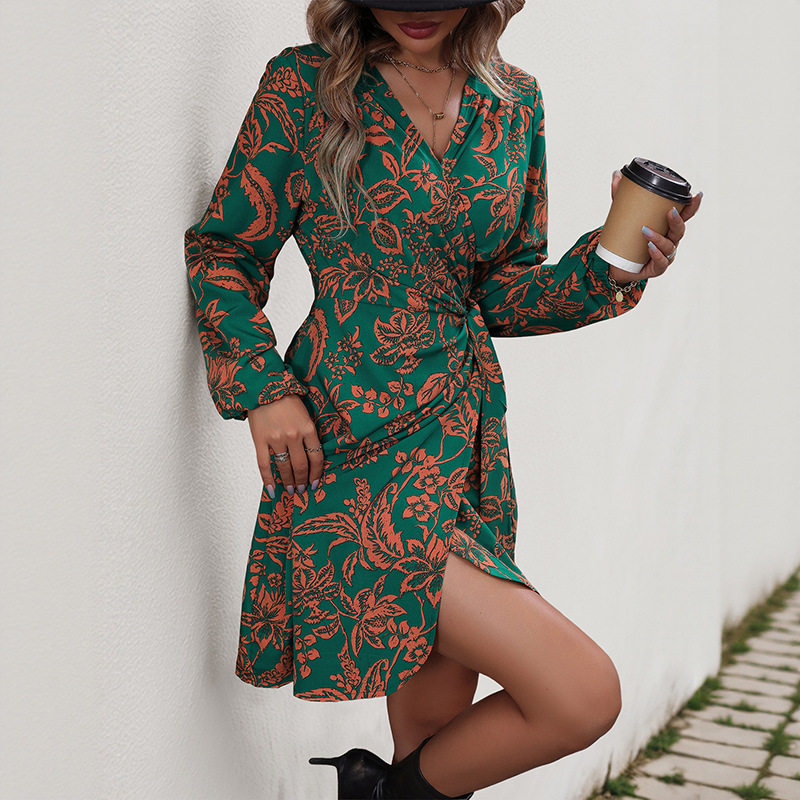 Floral Print One Piece Dress Autumn Fashion European and American Style Casual Wear Wholesale Available