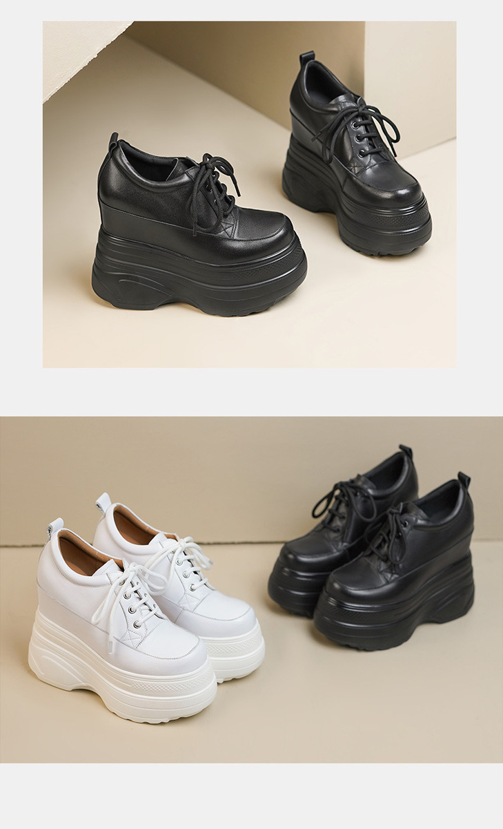 Giày sneaker nữ da bò đế dày tăng chiều cao 14cm dây buộc — Màu đen, Màu trắng