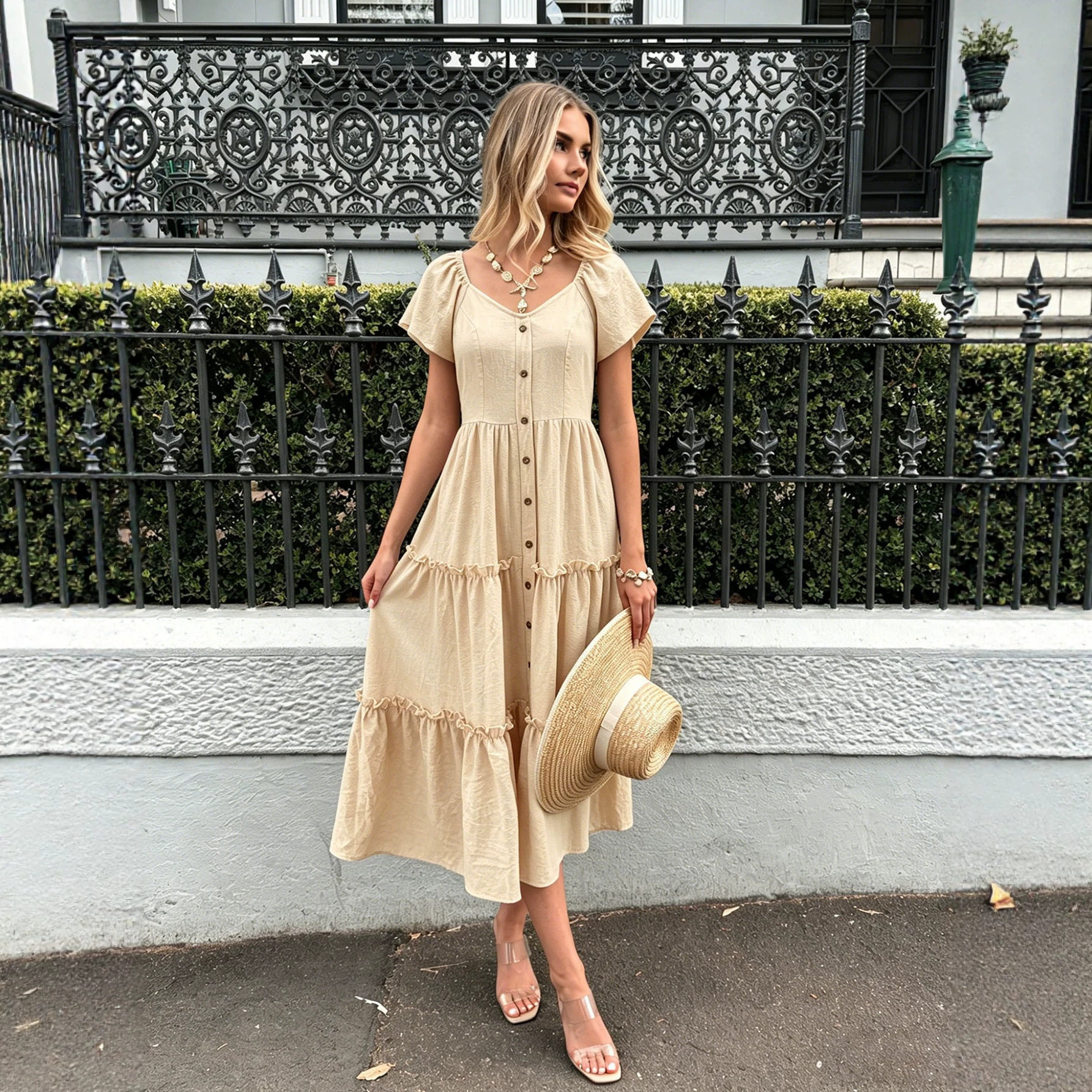 French Style V Neck Short Sleeve Cake Dress Slim Fit Waist Defining Lightweight Fabric Summer Vacation Wear