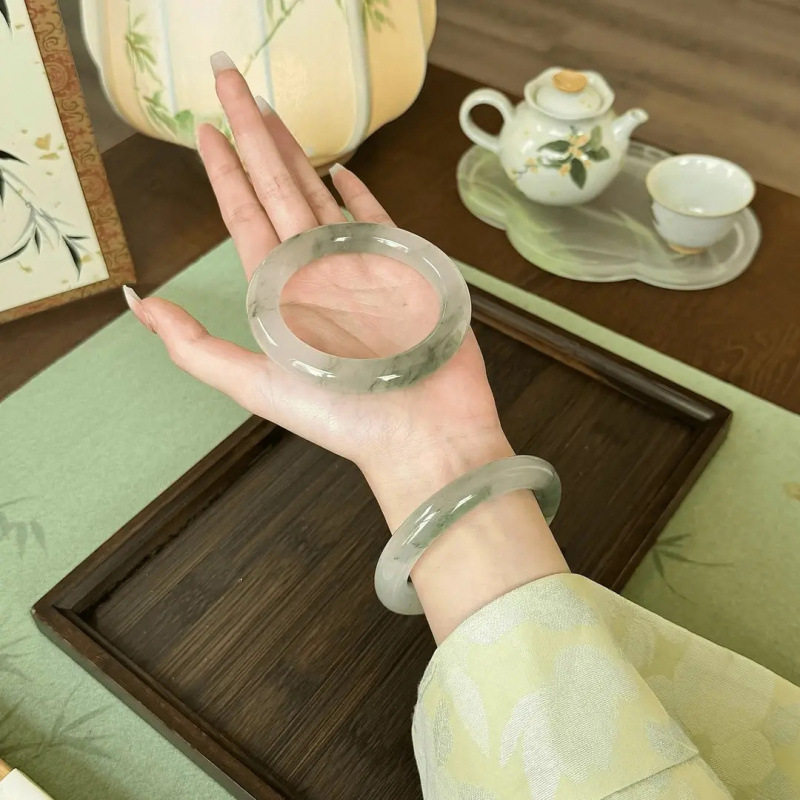 Xinjiang Tianshan Jade Bracelet Half Floating Flower Round Bar Bracelet Beauty Bracelet Ins