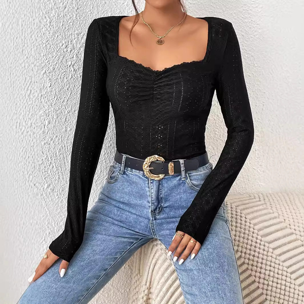 Womens Basic Fashion T Shirt Simple Design Square Neck Long Sleeve Lace Trim Solid Color Spring Summer Wear