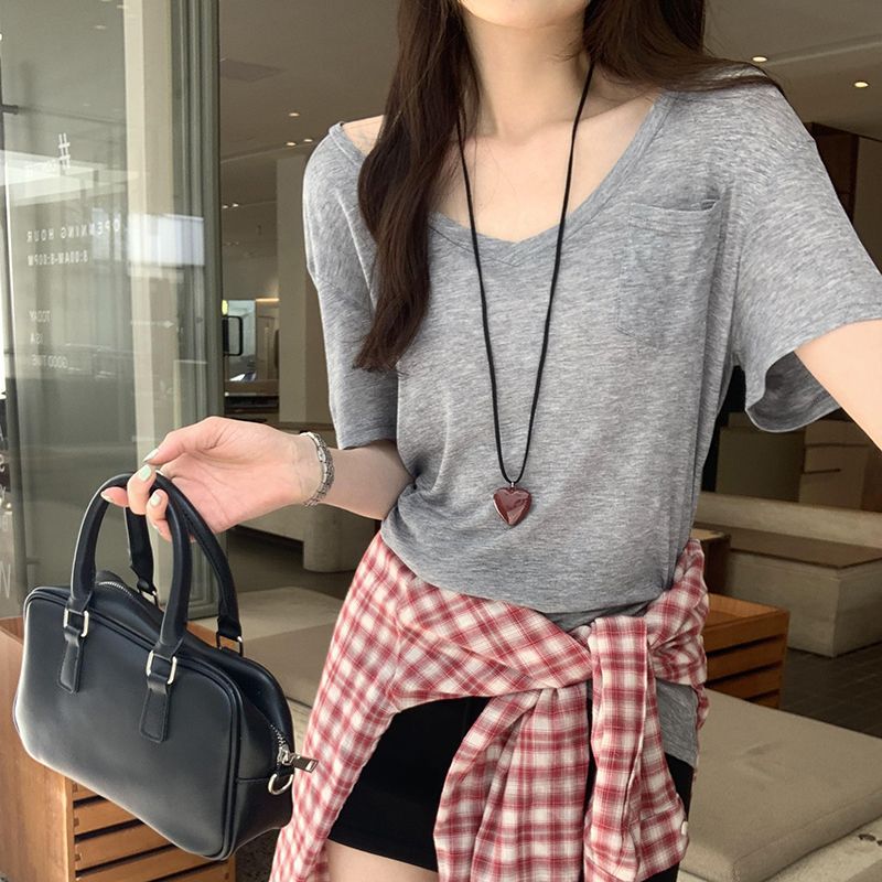 V Neck Tencel Blouse Soft Loose Fit Short Sleeve Pocket Design Summer Casual Wear Wholesale Available