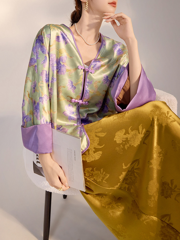 Áo khoác nữ dài tay họa tiết hoa in nhẹ nhàng thanh lịch — Màu tím (giao hàng trong 7 ngày), Màu tím (vận chuyển trong cùng ngày)