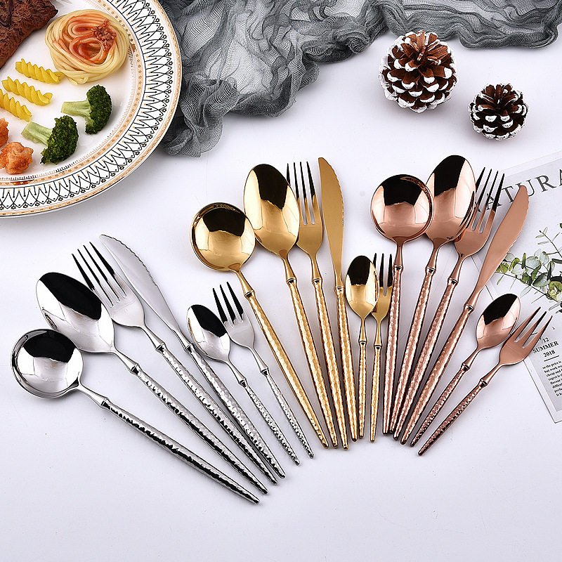 Cross-border 304 Stainless Steel Fruit Knife, Fork and Spoon Three-piece Hotel Ballet Hammer Handle Steak Knife Dessert Spoon Tableware