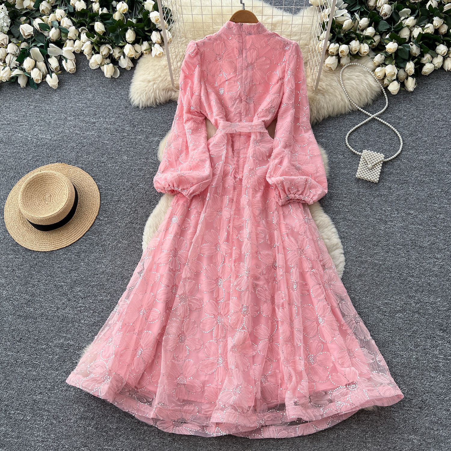 French Romantic Style Lace Dress Stand Collar Lantern Sleeves A Line Silhouette Waist Defining Elegant Evening Wear
