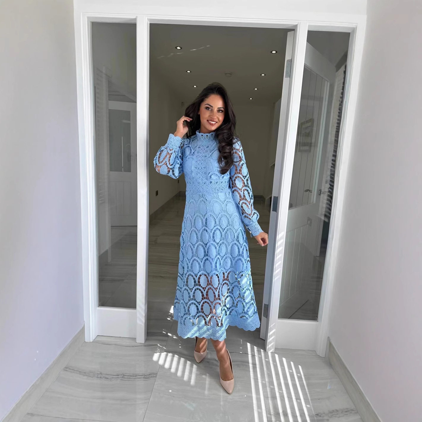 Lace Maxi Dress Sexy Hollow Out Long Sleeve Stand Collar Flared Hem Summer Occasion Wholesale Available
