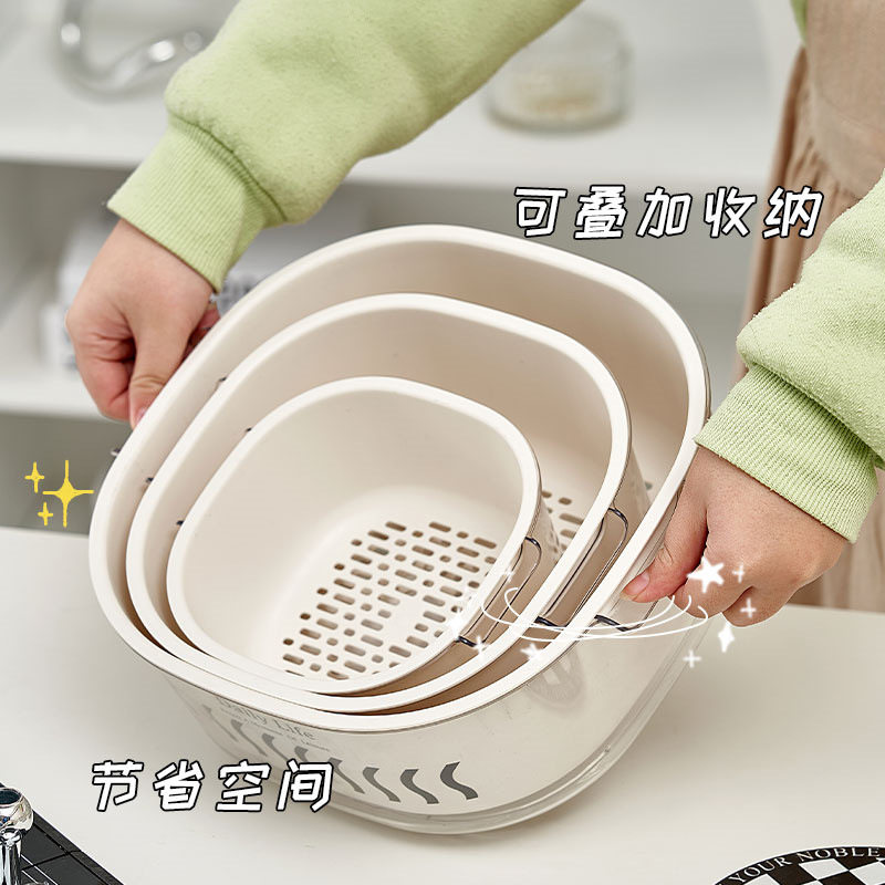 Vegetable Washing Basket Double-layer PET Transparent Draining Basket Household Kitchen Vegetable Basket Fruit Plate Multifunctional Washing Fruit Filter Basin