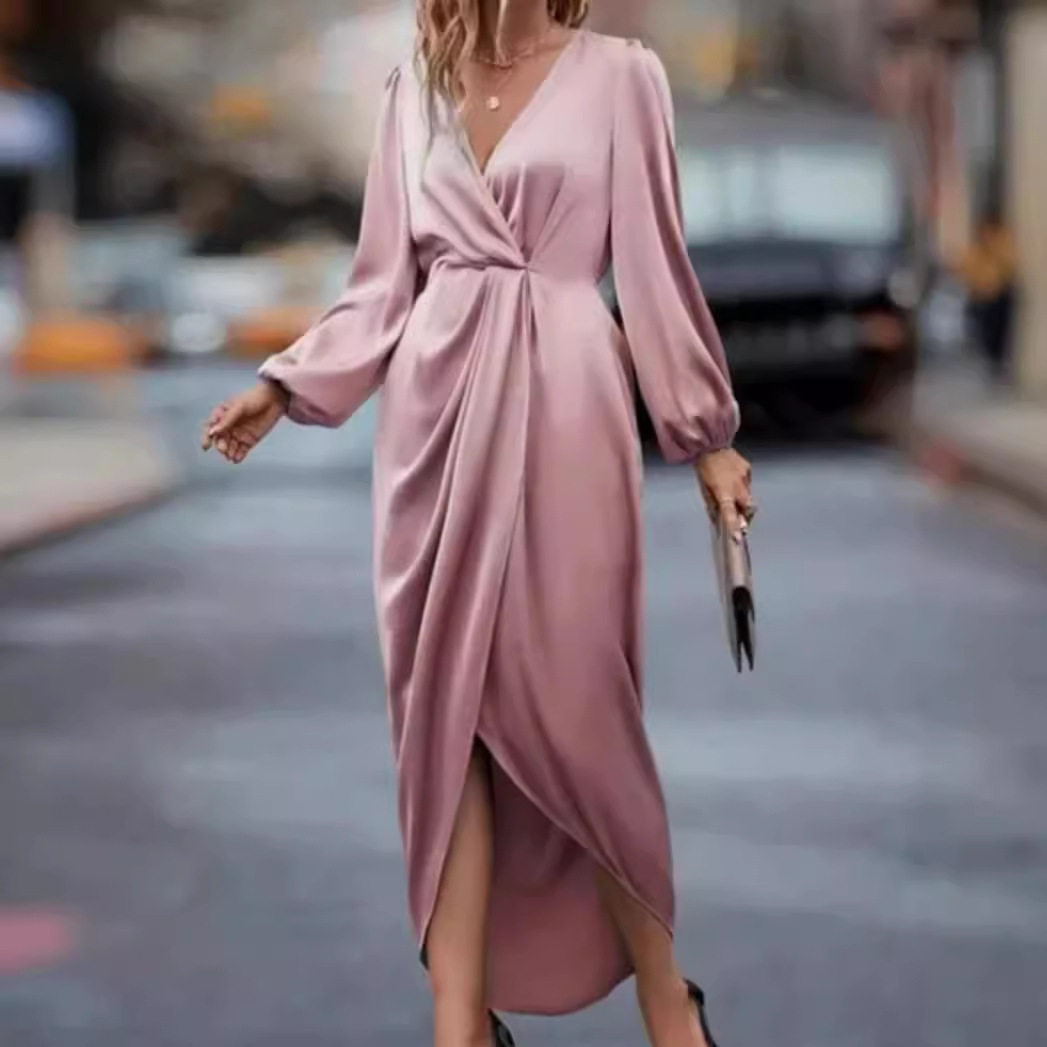 Spring Womens Dress Solid Color V Neck Long Sleeve Waist Defined Asymmetrical Hem Casual Wear OEM Available