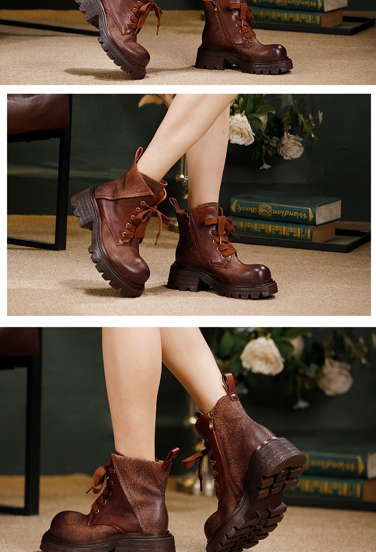 Boot Martin nữ cổ ngắn da bò thật, gót cao 6-8cm, khóa kéo bên hông — màu cà phê