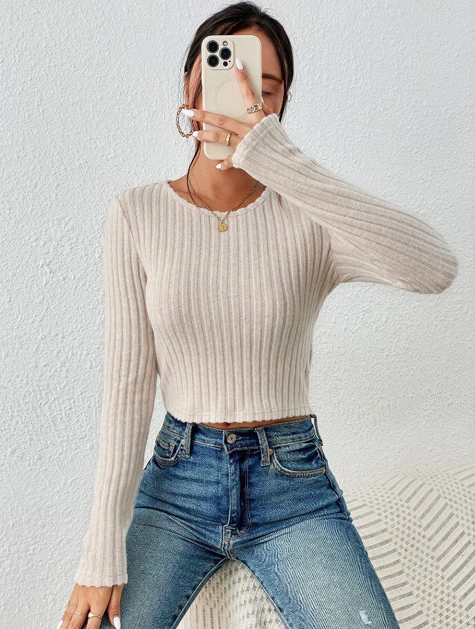 Casual Fitted Sweater Solid Color Round Neck Long Sleeve Autumn Winter Wear Ready to Ship low MOQ