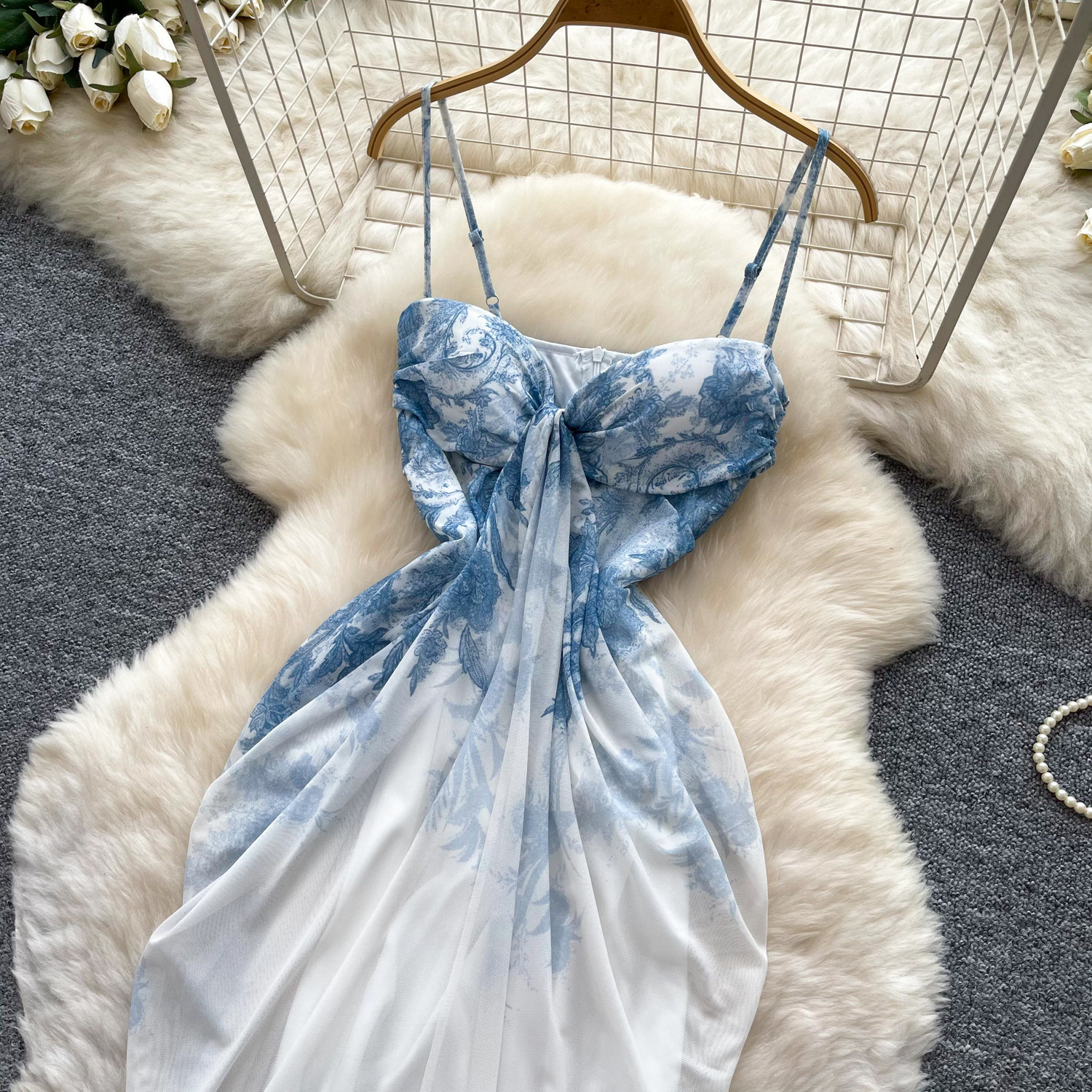 Floral Print Maxi Dress Blue and White Porcelain Design Irregular Hem Waist Cinching Elegant Style Perfect for