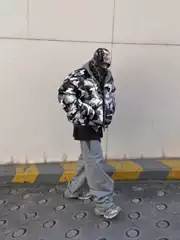 Ink Grailz Winter Black and White Camouflage Double-Sided Reverse Wear Retro Zipper Hooded Cotton Jacket American High Street Bread Jacket