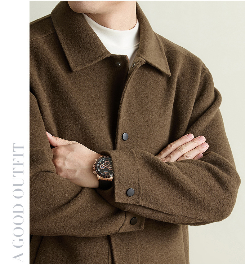 Áo khoác dạ ngắn nam hai mặt pha len lông cừu may thủ công cổ bẻ phong cách casual — Xám đậm, Cà phê đậm, Màu kaki