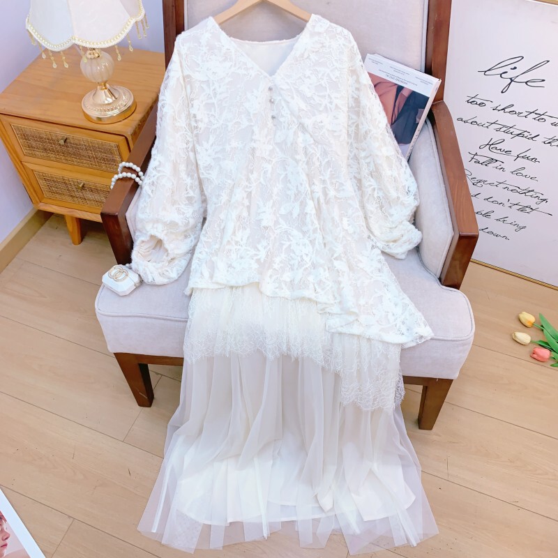 Đầm liền tay dài cổ tròn phối ren thêu tay phồng dáng suông — Màu đen sương mù, Phấn hồng, Trăng trắng