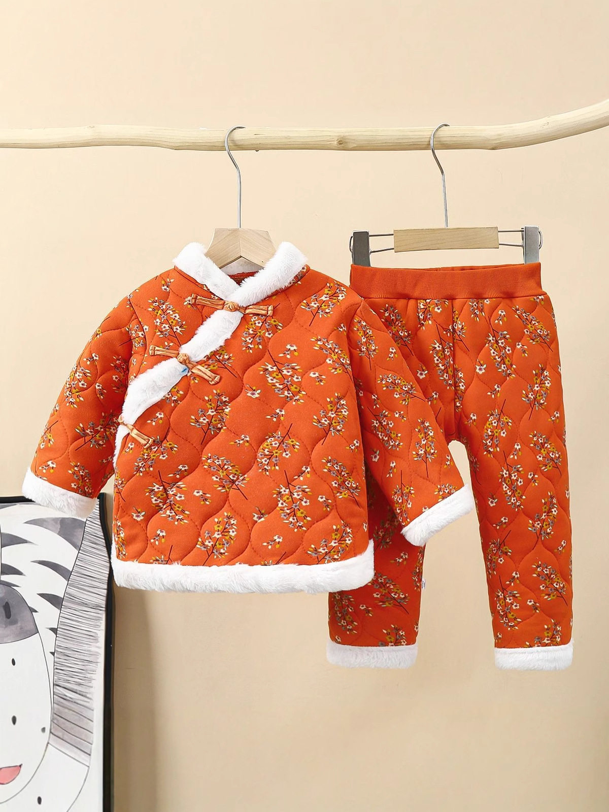 Girls' Winter Cotton Jacket, Viral Floral Print Padded Set, Baby Spring Festival Outfit, Thickened Northeast Style Floral Cotton Coat Set