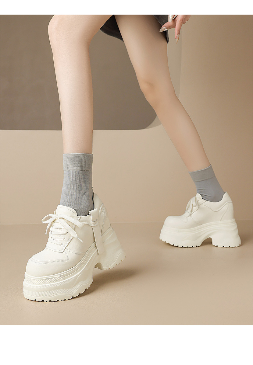 Giày sneaker nữ da bò thật đế dày tăng chiều cao 12cm dáng dad shoes buộc dây — Màu đen, Màu trắng