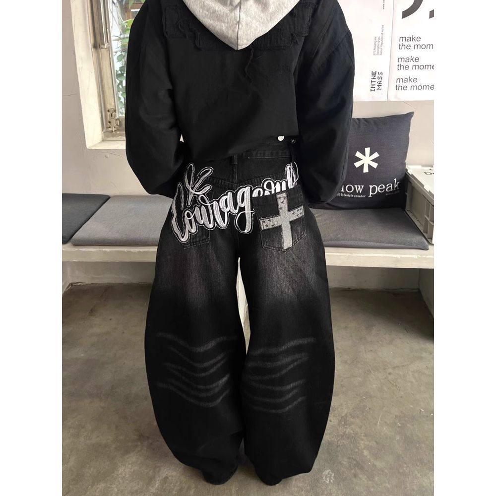 American retro black scimitar jeans for women spring high street design loose slim drape wide leg pants cross-border