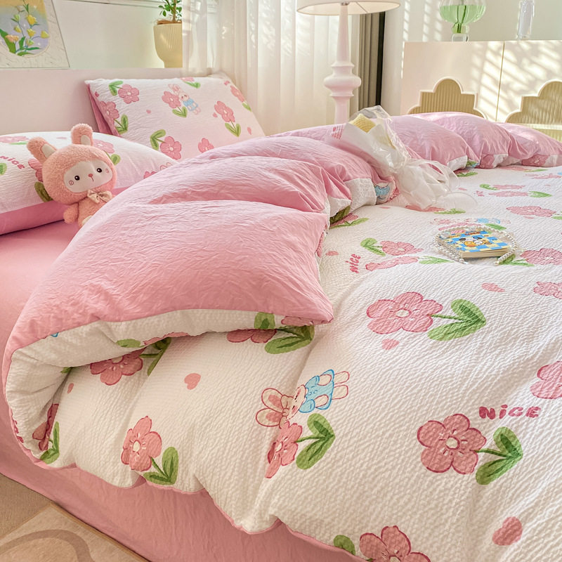 ins style cotton four-piece set fresh spring fitted sheet quilt cover cotton student bed sheet washed cotton three-piece set