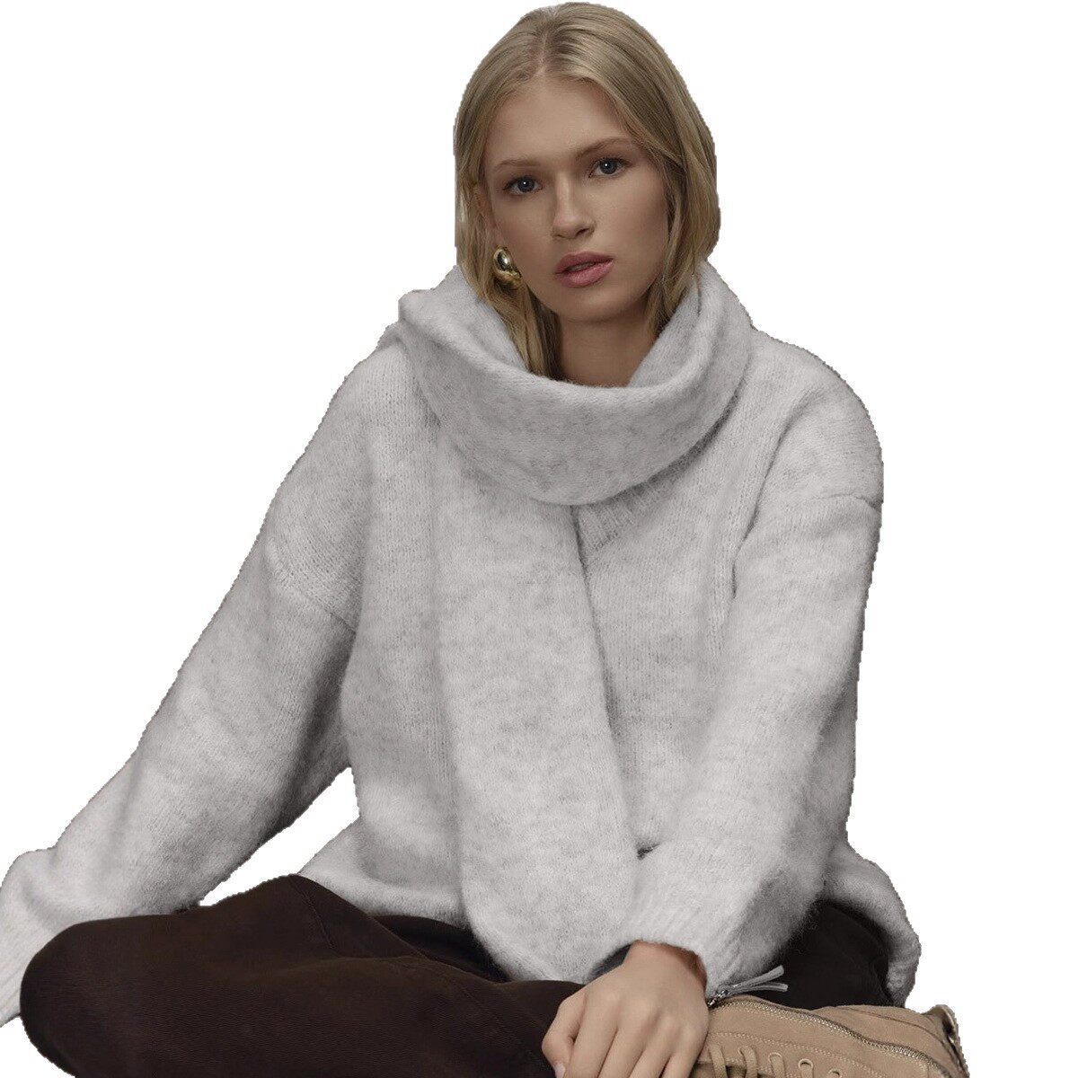 Loose Fit Soft Wool Sweater for Women Cozy Knit Pullover with Scarf Autumn Winter Casual Style Wholesale Available