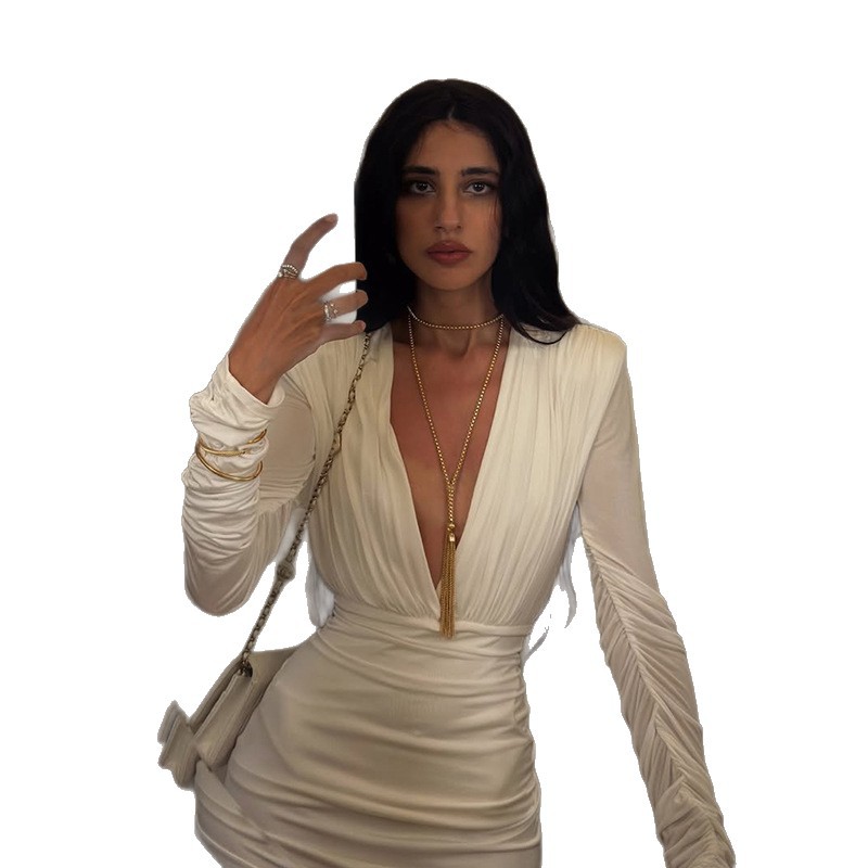 V Neck Long Sleeve Ruched Bodycon Dress Sexy Fit Elegant Style Perfect for Parties Wholesale Available