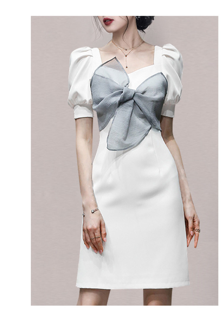 Đầm suông nữ midi tay ngắn cổ vuông chất polyester — Trắng, Đen chi tiết 8