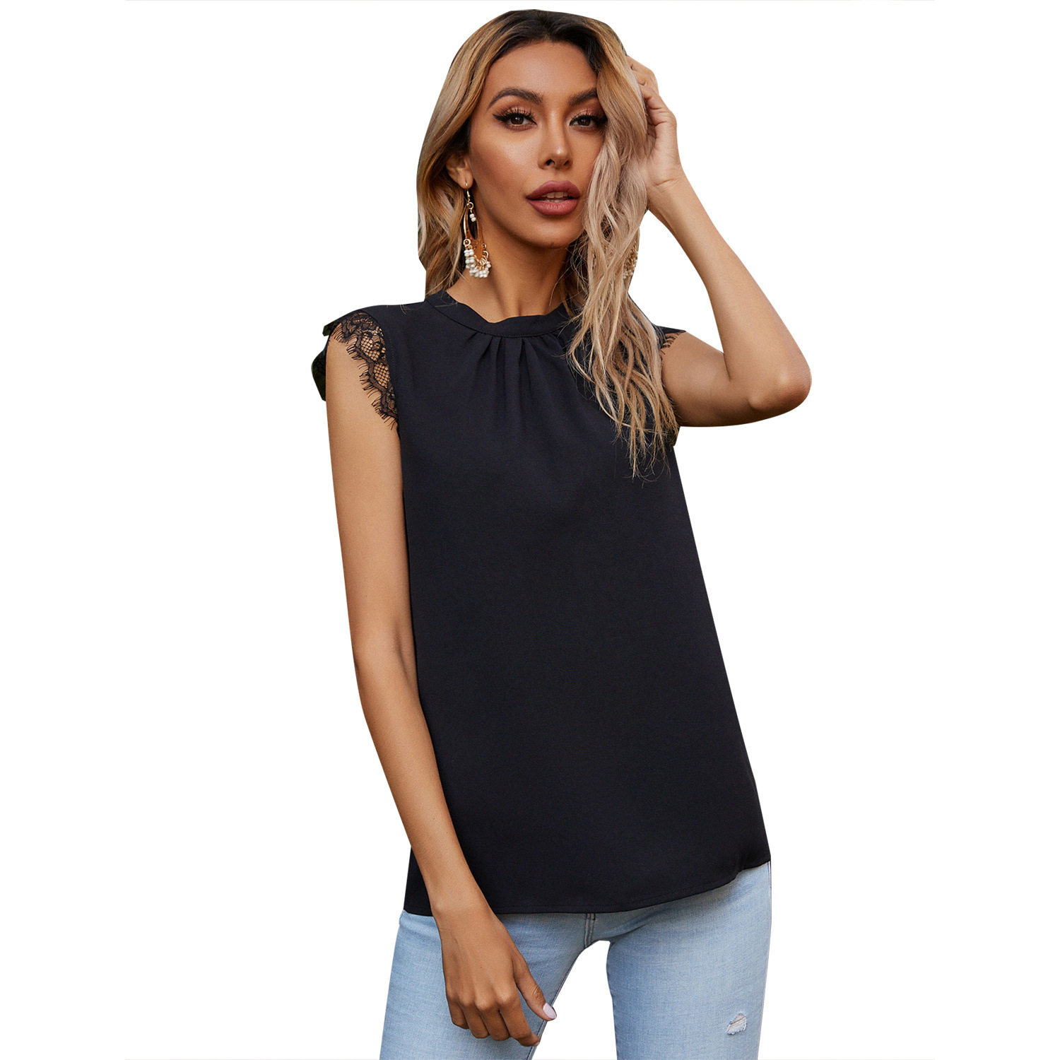 Sleeveless High Neck Blouse Fashionable Lace Trim Color Block Design Casual Wear for Women OEM Available