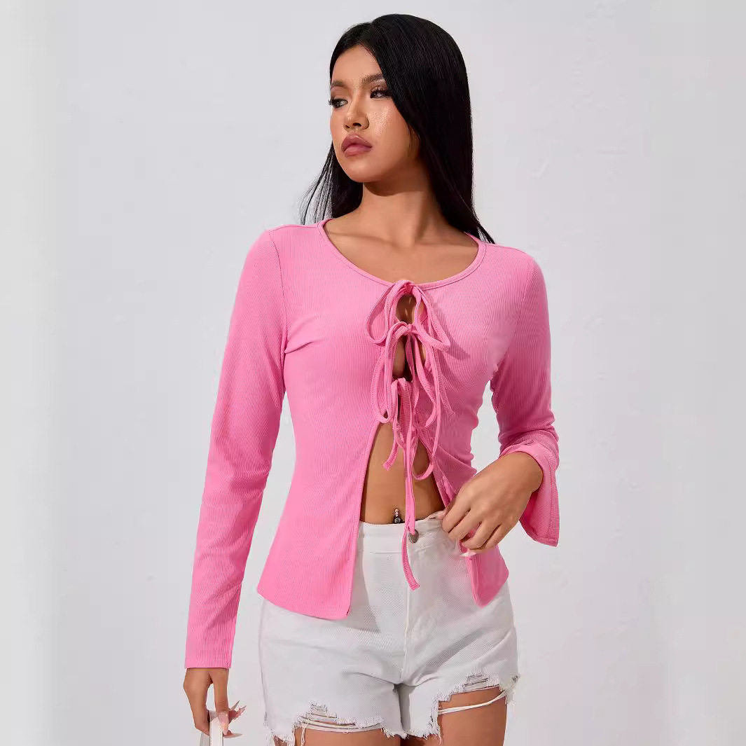 Womens Sexy Tie Front Cardigan T Shirt Elegant Design Spring Summer Style Vivid Fuchsia Color Wholesale Available