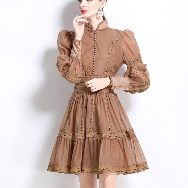 Elegant Puff Sleeve Lace Mesh Dress High End French Style Lantern Sleeves A Line Silhouette Perfect for Formal