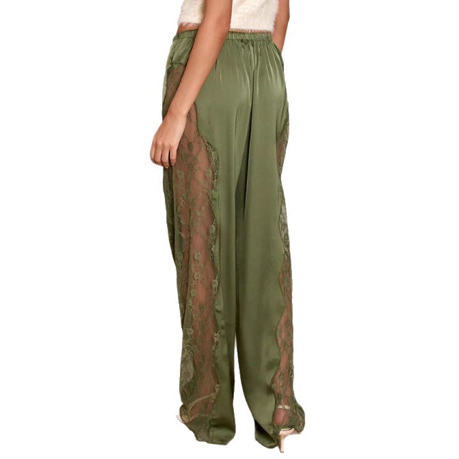 Womens Satin Lace Loose Fitting Floor Length Pants Solid Color Fashionable Elegant Design Perfect for Parties and