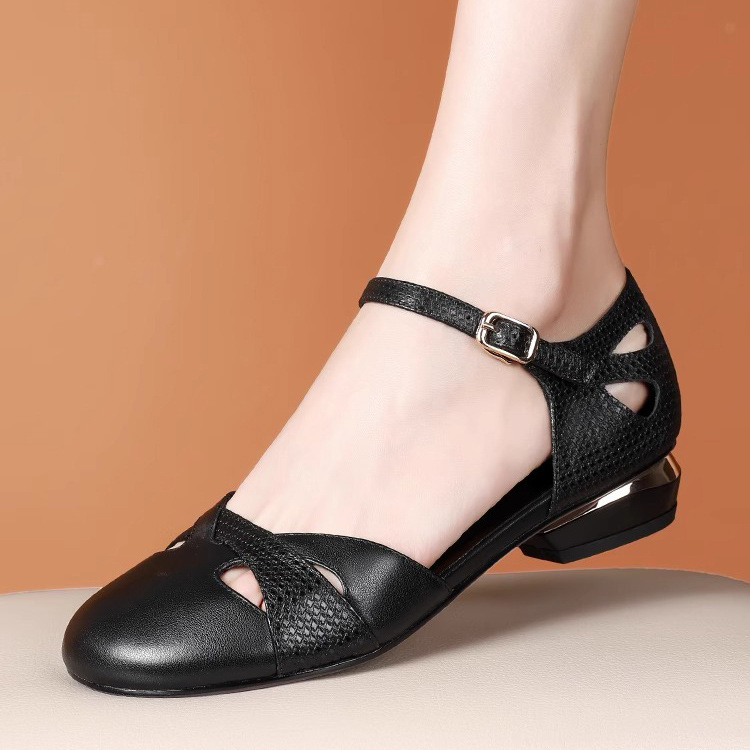 Sandal nữ quai ngang gót thấp đế bằng mềm êm phong cách thanh lịch dễ phối đồ — Màu đen, Màu nâu