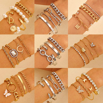 Cross-border Explosions Alloy Diamond Bracelet Four-piece Punk Stacked Hip-hop Bracelet suit Women's European and American Bracelet