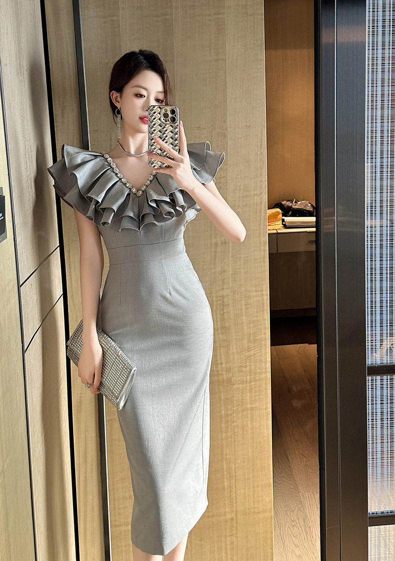Đầm ôm body nữ cổ V eo cao tay bèo — [Xám] chi tiết 4