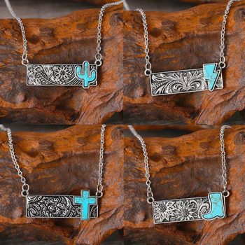 Boho Turquoise Cactus Cross Lightning Necklace Western Cowboy Retro Creative Square Pendant